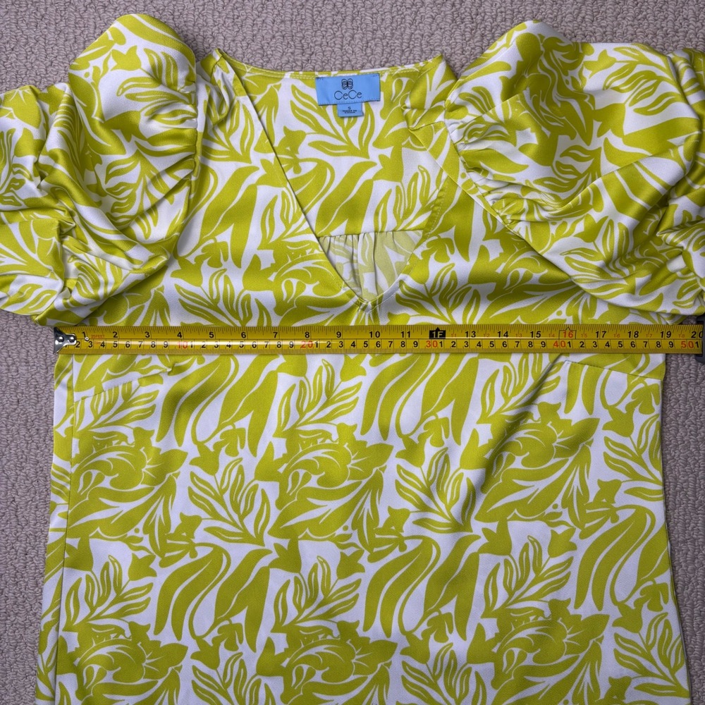 CeCe Yellow White Floral V-Neck Puff Sleeve Blouse - Picture 8 of 13